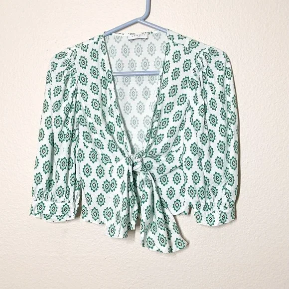 Sandro Namal Printed Crop Top 1 Small Waist Tie 3/4 Balloon Sleeve White Green - Picture 2 of 7